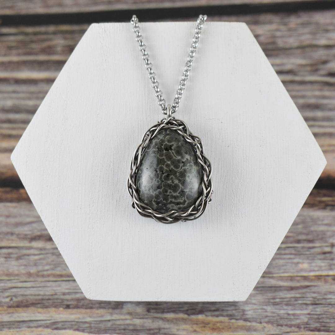 Wire Wrapped purple variolite and Sterling silver pendant necklace for men and women