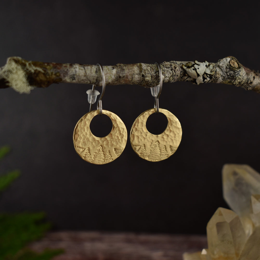 Woodland earrings in brass on hypoallergenic hooks