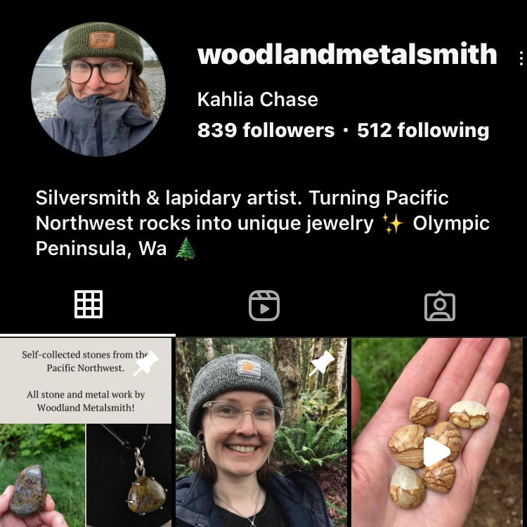 Profile of a silversmith and lapidary artist named Kahlia Chase on a platform, with images of jewelry and stones.