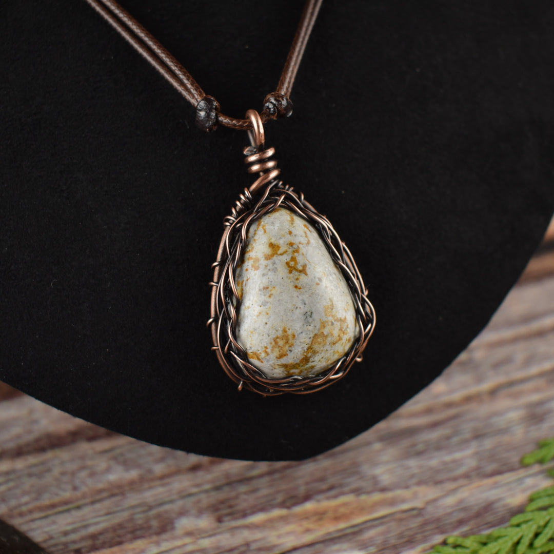 Yellow and White Jasper pendant necklace wire wrapped in copper