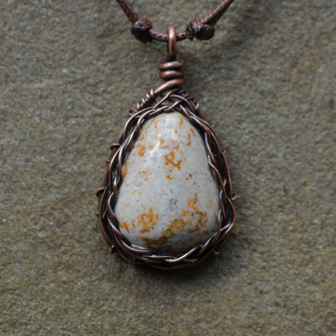 Yellow and White Jasper pendant necklace wire wrapped in copper